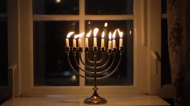 Menorah flames flickering in a window