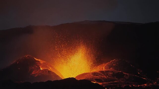 Lava fountain spurting at night