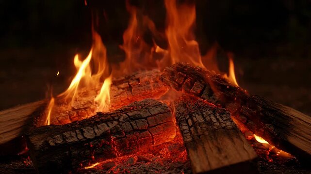 Close-up of glowing campfire logs burning brightly at night, with orange flames flickering and embers glowing in the dark, creating a cozy and warm atmosphere.