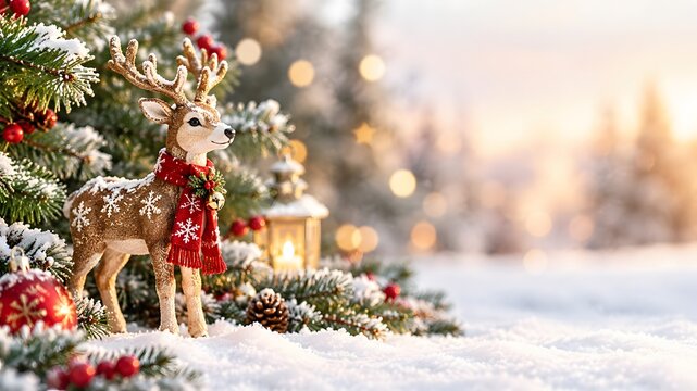 A reindeer figurine stands amidst a snowy christmas scene with evergreen branches
