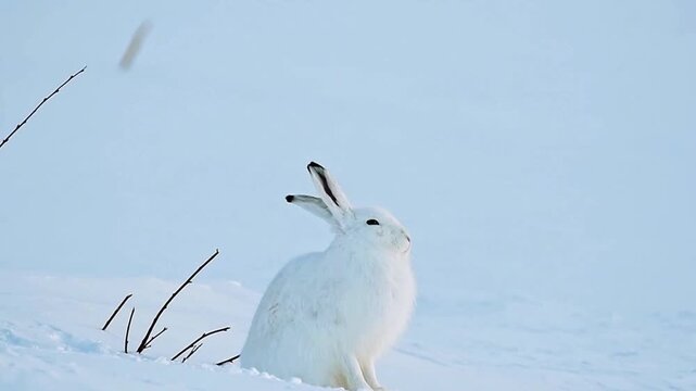 White mountain hare sitting in deep snow during cold winter day
