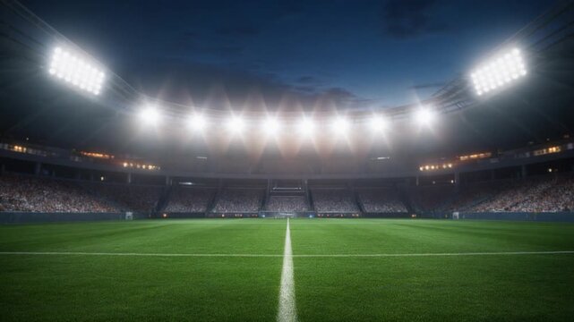 Stadium floodlights flickering on at dusk