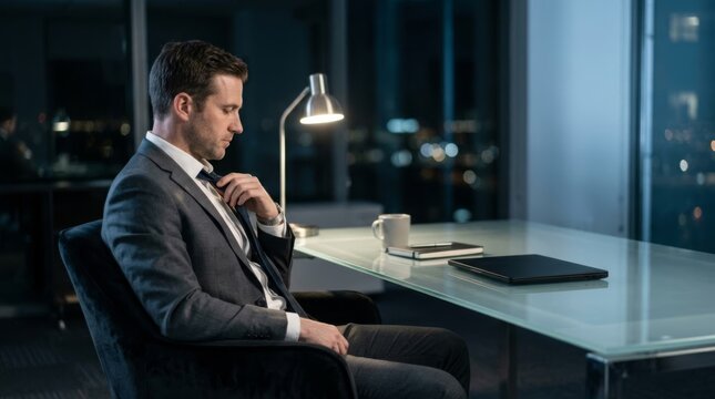 Businessman loosening tie in modern office at night, profile view, working late, corporate concept, copy space