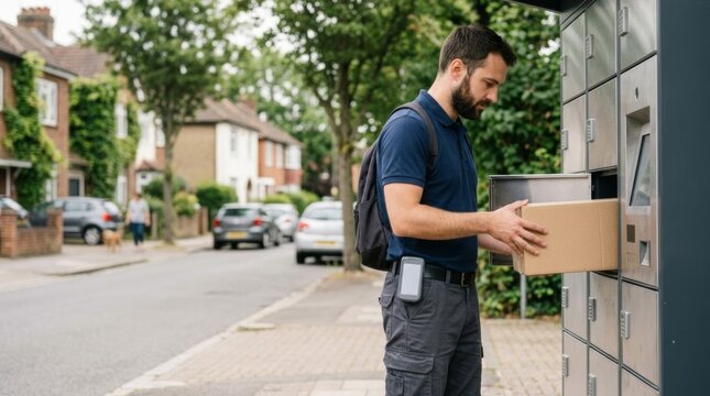 Delivery man placing package into smart locker on residential street - modern logistics and contactless service