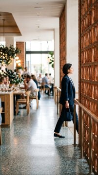 Businesswoman walking through modern restaurant interior with decorative brick partition and soft bokeh background