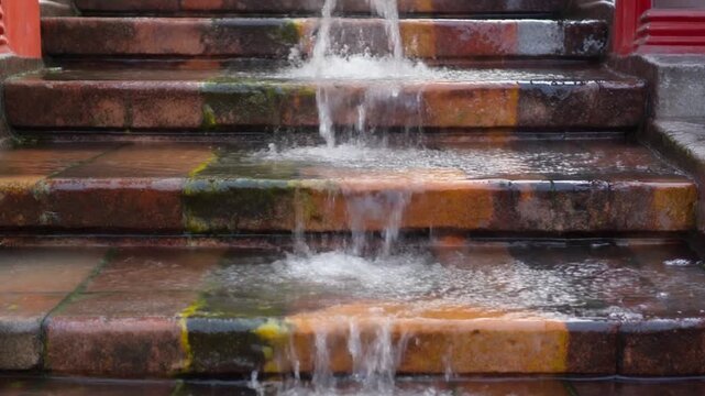 Water splashing on a temple step