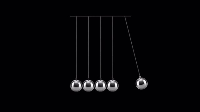 Alpha Channel Transparent Seamless Loop 3D Animation of Newton's Cradle with Five Swinging Metal Balls, Kinetic Pendulum Motion Overlay for Business, Science, Physics, Technology and Education