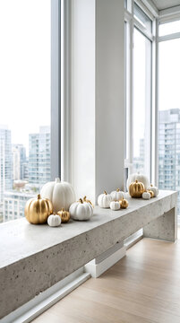 White and gold pumpkins displayed in modern commercial stock setting