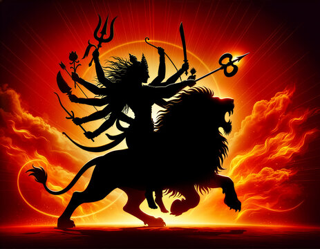 Durga Silhouette Riding Lion With Multiple Arms And Weapons Against Fiery Sunset