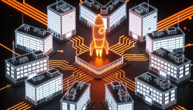 Isometric innovation park with glowing orange rocket symbol, holographic wireframe startup office buildings in neon circuitry on dark backdrop, business incubator accelerator illustration