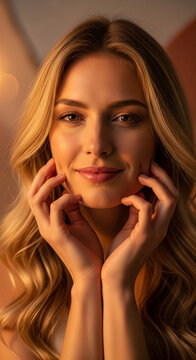 Close-up portrait of a blonde woman with hands near her face, symbolizing beauty, youth, and gentle expression, suitable for lifestyle or personal care.