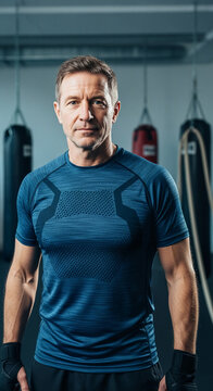 A middle-aged man in athletic wear stands in a gym, showcasing determination and focus, representing strength and discipline.