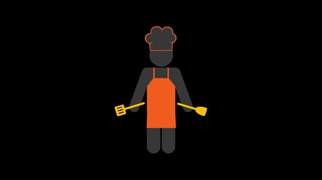 Animated chef character holding cooking utensils happily dancing inside digital video clip graphic illustration motion template design