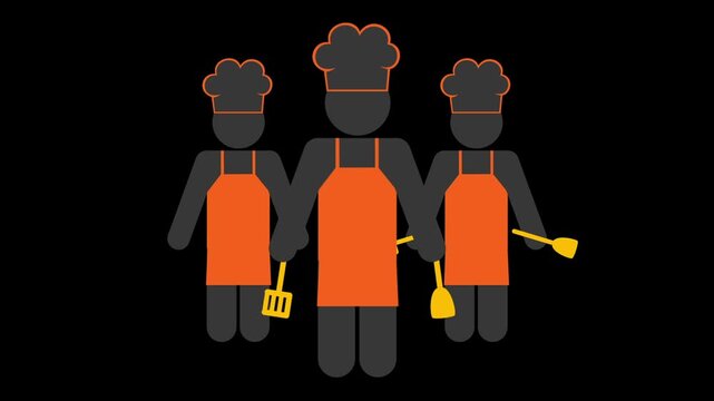 Animated chefs wearing orange aprons and white hats holding kitchen utensils in motion video footage