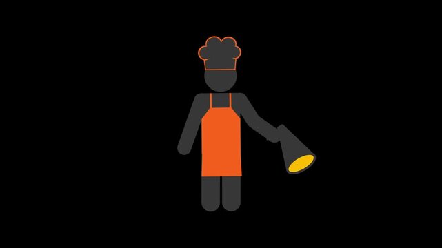 Chef stick figure character wearing orange apron and tall white hat speaking into megaphone during animated motion video footage clip