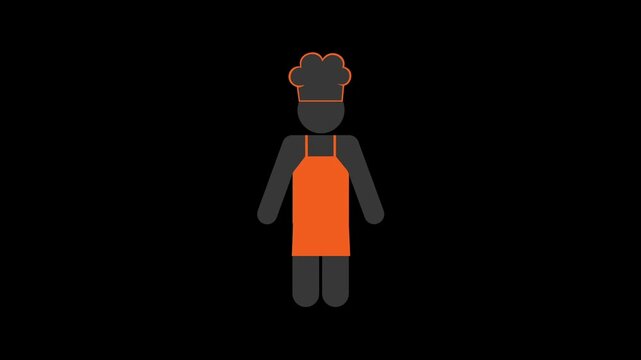 Stressed chef character wearing an orange apron and tall white hat standing against a dark background in animated motion video footage
