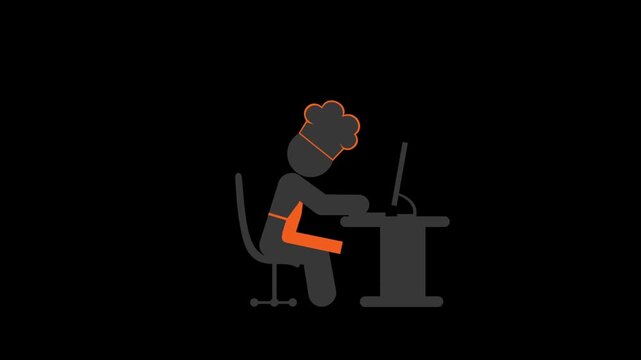 Animated chef character wearing an orange apron sits at office desk using computer terminal in simple minimalist digital motion graphics video clip