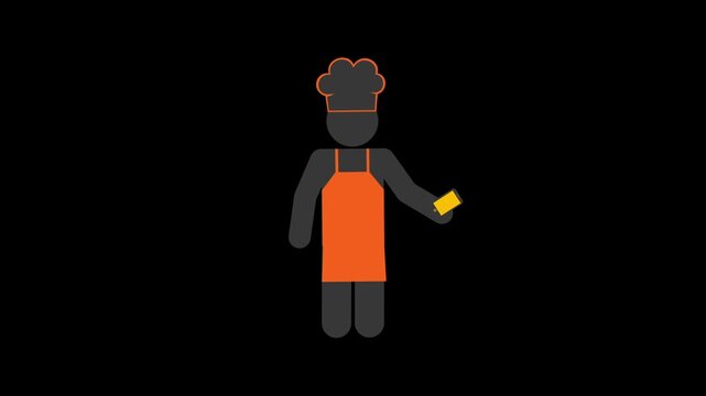 Animated chef icon talking on mobile phone wearing bright orange apron against dark background in minimalist vector motion graphics clip design style