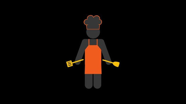 Animated chef stick figure wearing orange apron and tall white hat holds cooking spatulas in both hands during digital motion video clip