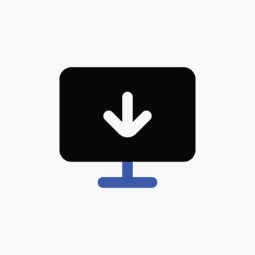 Computer screen download icon with blue stand accent linear style vector illustration isolated on white background
