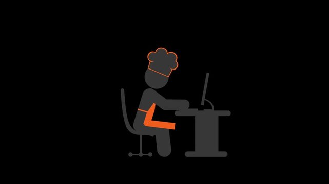 Chef character working at computer desk with digital monitor graphic motion video clip