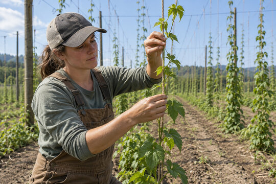 Hop farm worker guiding a young bine onto vertical trellis twine