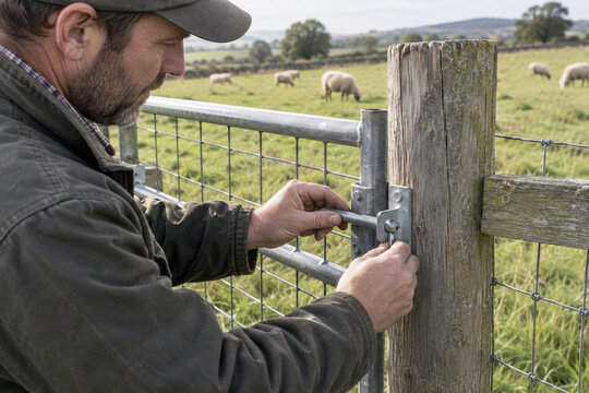 Shepherd checking a metal latch on a closed sheep pasture gate
