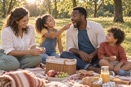 Girl feeds her father an apple at a family picnic in the park