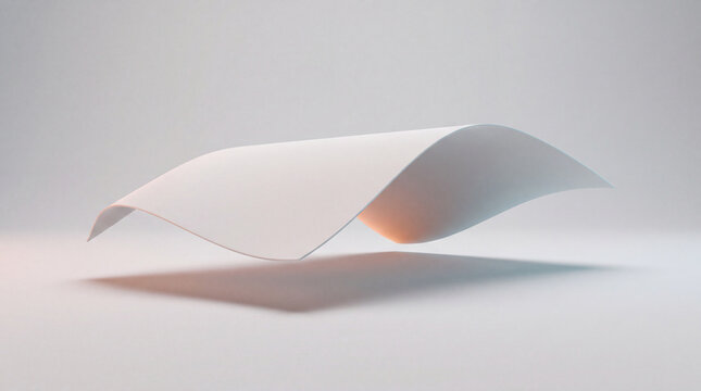 A minimalist, abstract image of a white paper sheet gracefully curving and floating against a soft, neutral background.