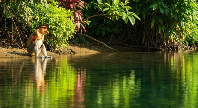 Proboscis monkey on riverbank with glossy water reflections, lush tropical foliage