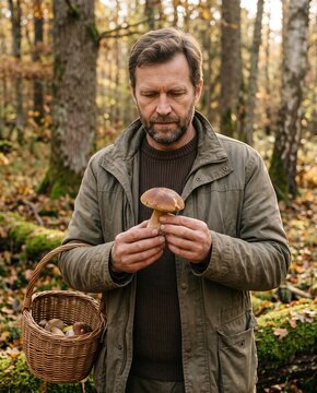 Adult mushroom forager examining a wild mushroom in an autumn forest with woven basket