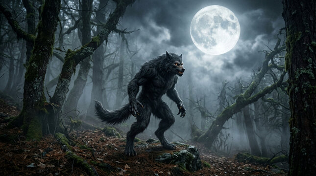 Prowling werewolf creature walking through a dark misty forest at night with full moon dark woods supernatural creature horror theme wolf man mysterious landscape dark fantasy scary forest