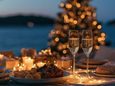 Elegant Spanish Christmas dinner on a Mediterranean seaside terrace, featuring roasted meat with golden potatoes, two glasses of sparkling cava, warm candlelight, festive golden lights and a softly bl