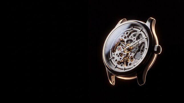 Luxury skeleton watch with visible mechanical gears, elegant silver timepiece with gold accents, precision horology concept on black background
