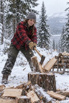 Forestry worker splitting logs in snow
