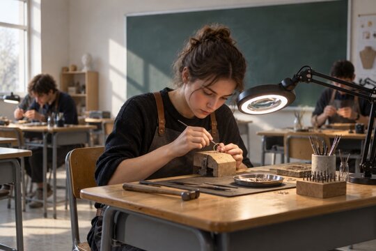 Jeweler Working on a Small Piece Under a Magnifying Lamp in a Classroom