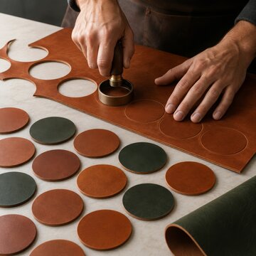 Leatherworker Cutting Circular Pieces from Brown Leather