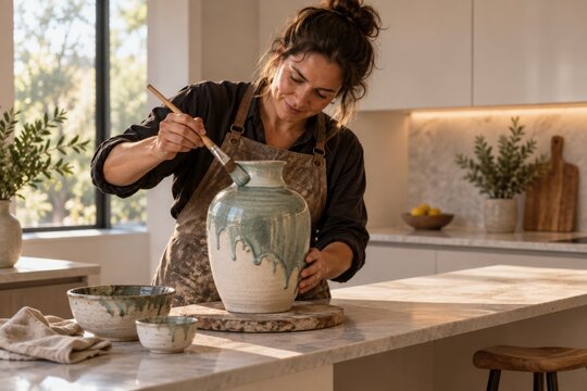 Potter Painting Glaze Onto a Ceramic Vase in a Kitchen
