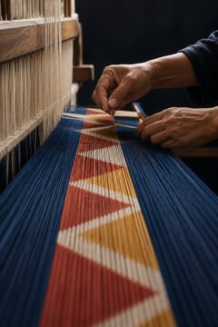 Artisan Weaving a Colorful Geometric Textile on a Loom