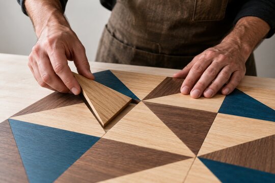 Woodworker Assembling Geometric Wood Inlay on a Tabletop