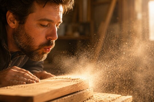 Carpenter Blowing Sawdust from a Wooden Board