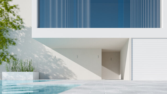 Modern luxury minimalist villa exterior with swimming pool and white plaster facade. 3D render of contemporary house entrance, garage door, large windows, bright sunlight and soft tree leaves shadows