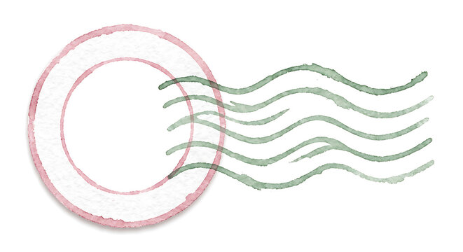 Blank circular postmark ink stamp with wavy cancellation lines, watercolor texture in pink and muted green