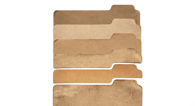 Stack of six rectangular paper index tab dividers in varying shades of brown, tan, and beige, isolated on a white background