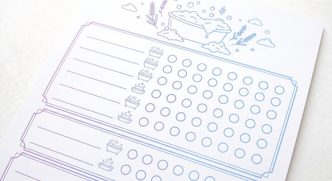 Self-care habit tracker sheet with bathtub icons, lavender and blue gradient lines, and circular checkboxes on white paper