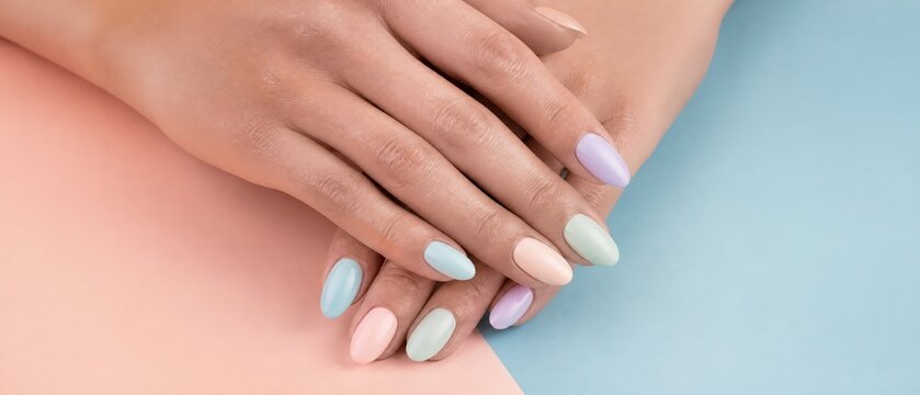 Elegant manicured hands with pastel nail polish shades resting on a split background of pink and blue, showcasing a modern nail art design and clean aesthetic