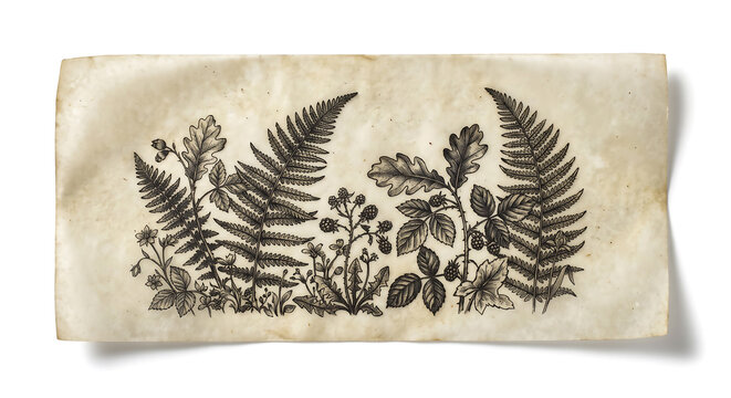 Rectangular piece of aged, translucent vellum paper featuring a detailed black ink botanical line of ferns, oak leaves, and wild berries arranged in a horizontal composition