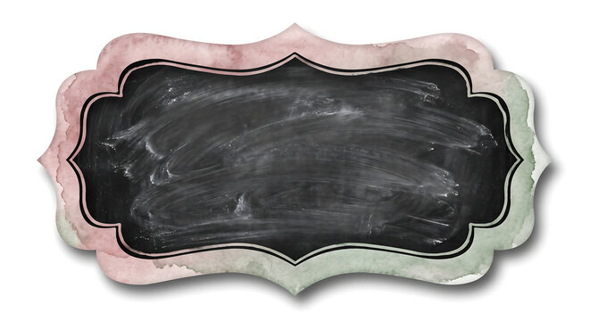 Ornate chalkboard label frame with smudged white chalk dust, featuring a decorative border with soft watercolor textures in muted pink and sage green tones on a white background