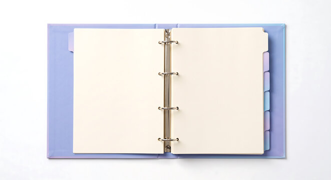 Open light purple three-ring binder with blank cream-colored pages and colorful index tabs, isolated on a white background