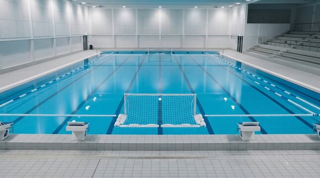 Wide angle view of an empty indoor water polo facility with blue pool, goal nets and spectator seating in a bright hall